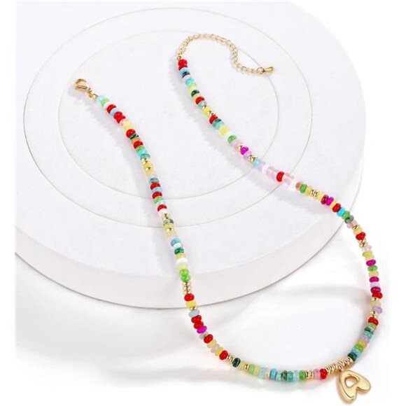 Initial Choker Necklace – 14K Gold Bubble Letter Pendant with Natural Stone - Picture 2 of 6